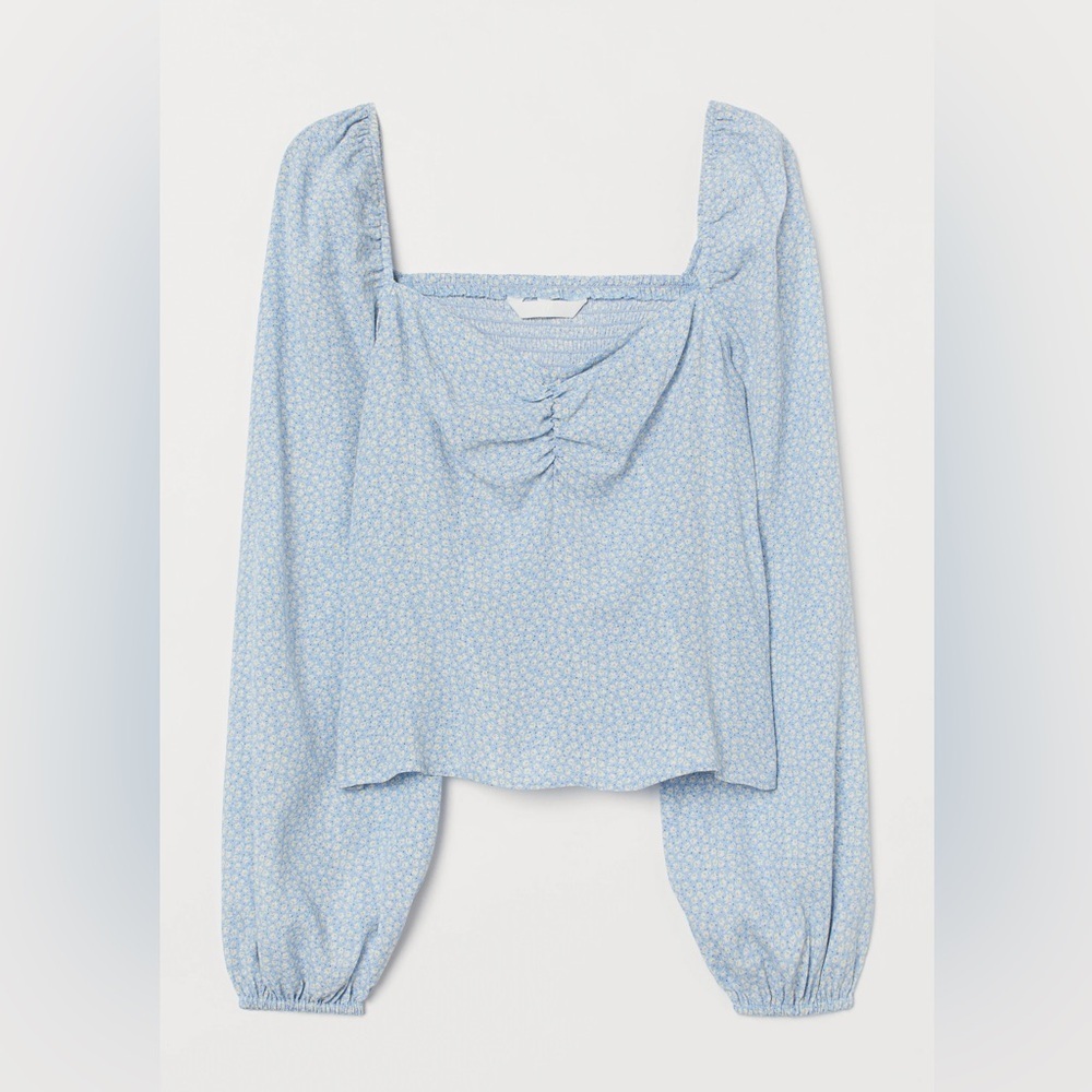 H&M • Blue Puff Sleeve Ruched Blouse